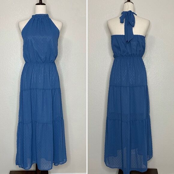 NWT Pretty Garden Blue Halter Tiered Maxi Dress - Picture 1 of 13